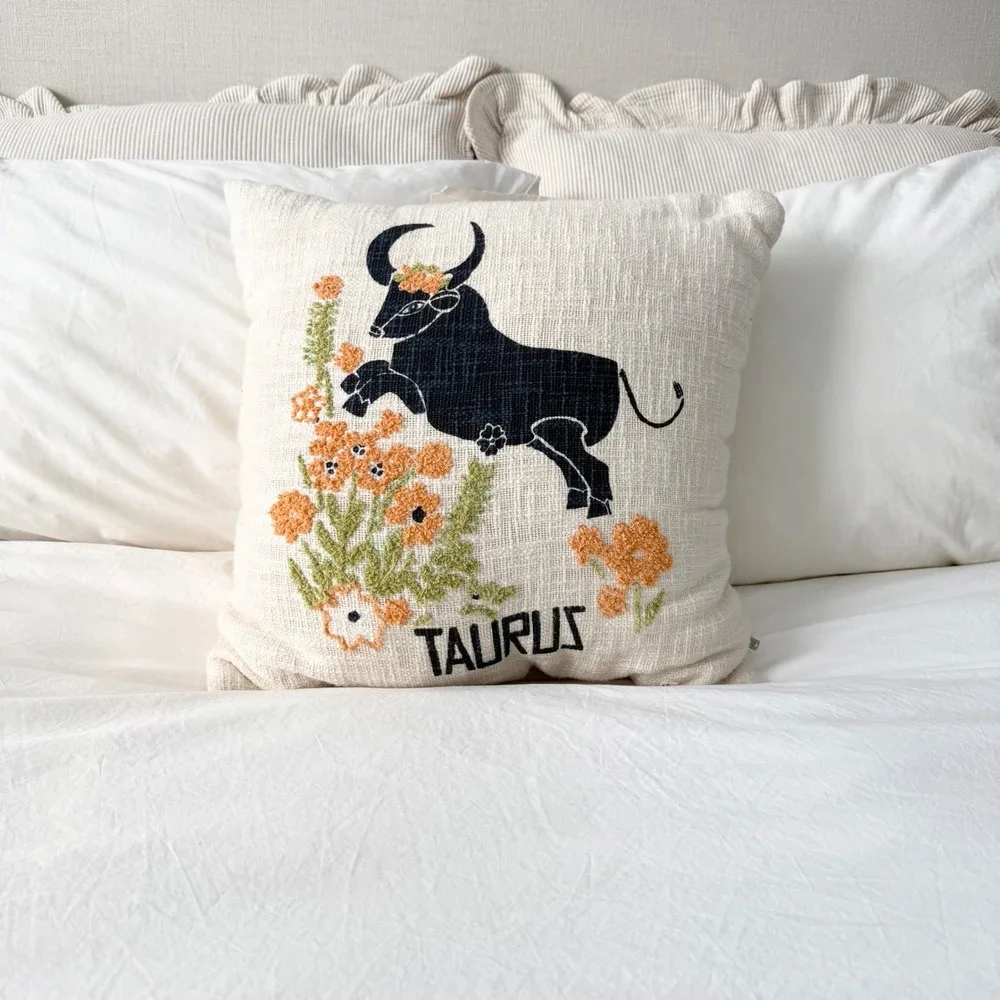 Urban Outfitters Taurus Embroidered Pillow Zodiac Bull Floral Cotton Cushion